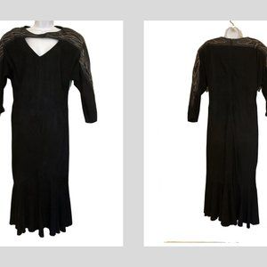 Vtg SHALMAY Black Suede & Leather 1980s Maxi Dress